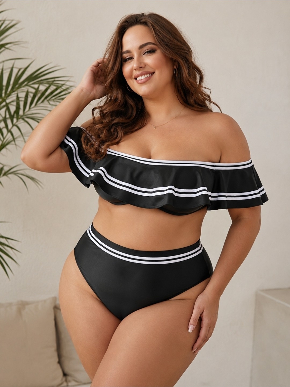 Black Off-Shoulder Ruffle High-Waist Bikini - Women Swim